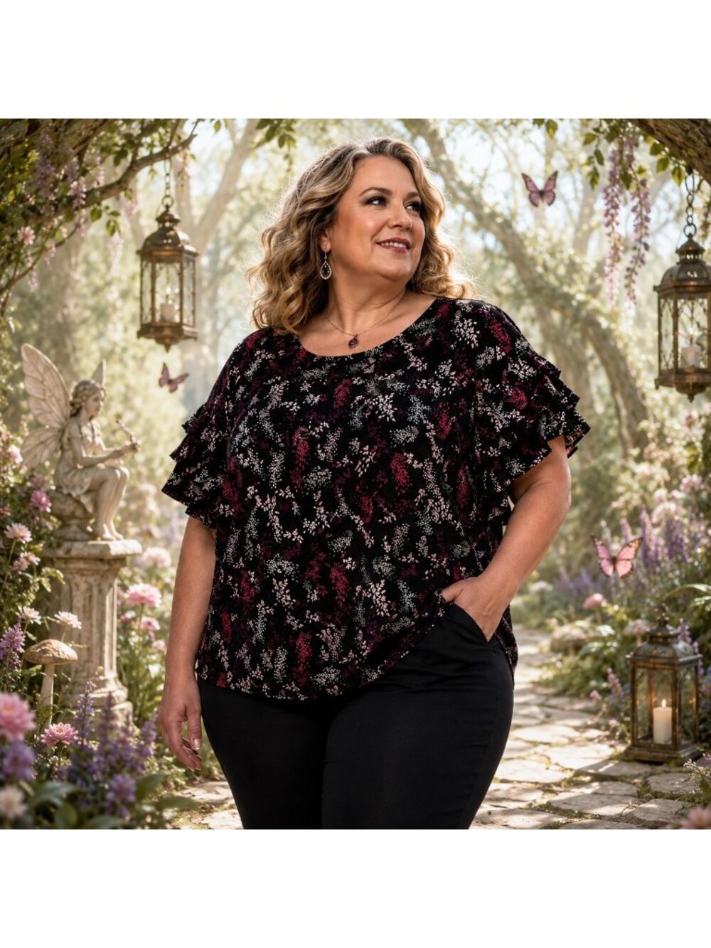 Lane Bryant Womens Dark Floral Ruffle Sleeve Top SZ 18 Whimsy Fairy Whimsigoth - Picture 1 of 8